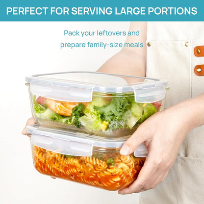 Vtopmart Large Glass Storage Containers - 2 Pack 1860ml | Airtight Meal Prep Set with Snap Lids, Grey