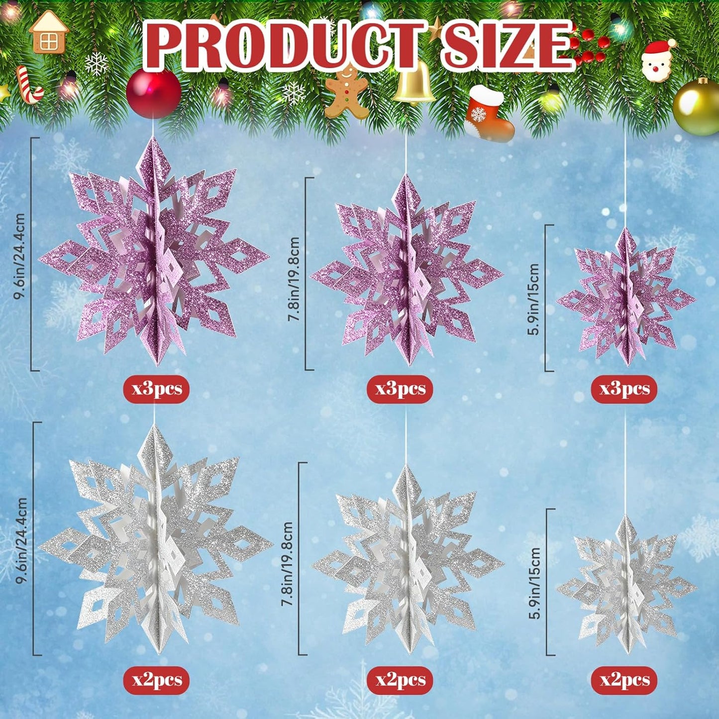 Skiennix 3D Glitter Snowflakes Decorations - 15pcs Purple & Silver Paper Garland for Winter Wonderland Parties