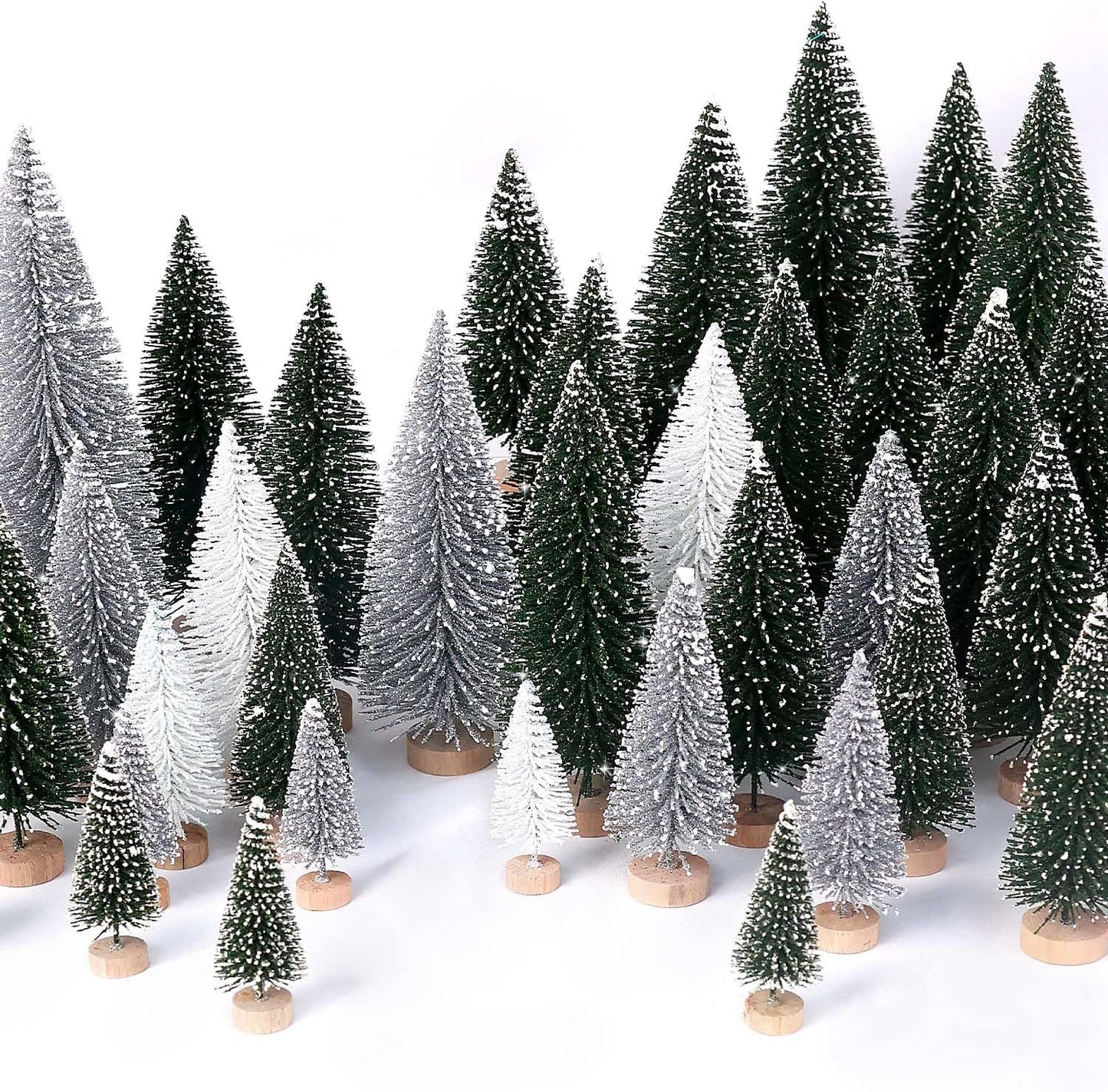 Skiennix 30Pcs Mini Christmas Trees - Artificial Bottle Brush Trees with Wooden Base | Green, Silver, White Decor