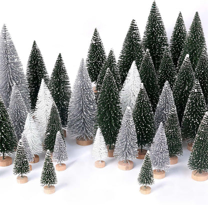 Skiennix 30Pcs Mini Christmas Trees - Artificial Bottle Brush Trees with Wooden Base | Green, Silver, White Decor
