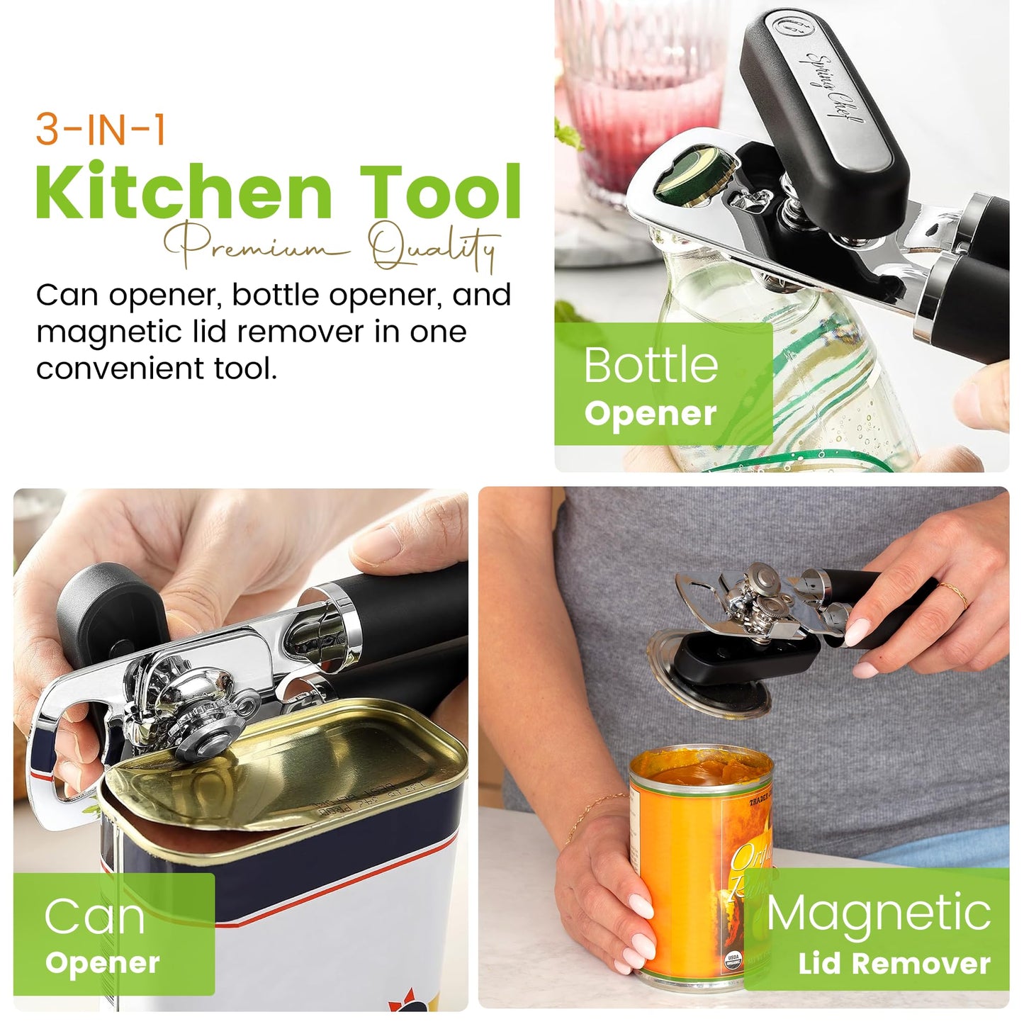 Spring Chef Stainless Steel Can Opener with Smooth Edge & Heavy Duty Professional Ice Cream Scoop - 2 Product Bundle - Black