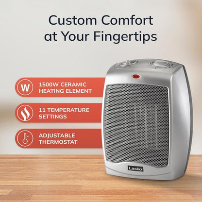 Lasko Ceramic Space Heater - Adjustable Thermostat & 2 Heat Settings | 9.2 Inches, Silver