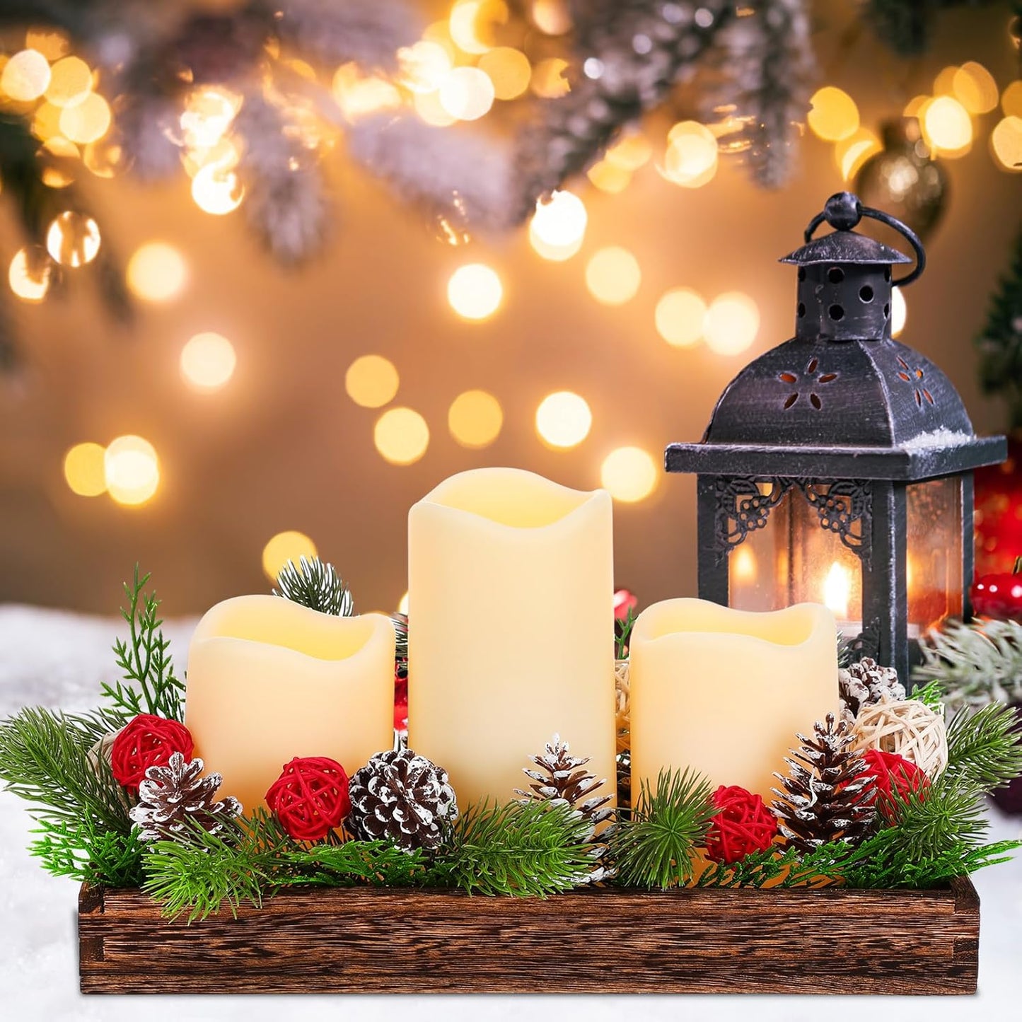 Tioncy Christmas Table Centerpiece - Rustic Wood Box Tray with Artificial Pine Picks & Candles | Holiday Decor