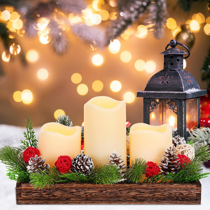 Tioncy Christmas Table Centerpiece - Rustic Wood Box Tray with Artificial Pine Picks & Candles | Holiday Decor