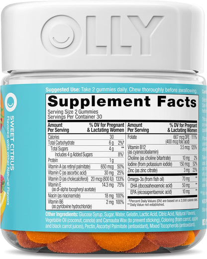 OLLY Prenatal Multivitamin Gummies - Daily Multi Blend for Mommy & Baby, Folic Acid & Omega 3 DHA, 60 Count