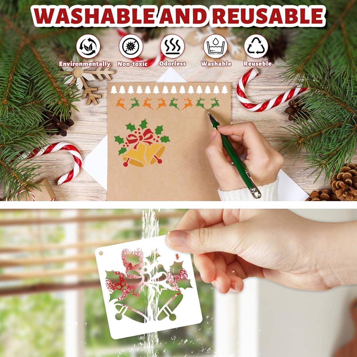 Skiennix 72 PCS Christmas Stencils - Reusable Holiday Painting Templates for Wood, Glass & Fabric Decor