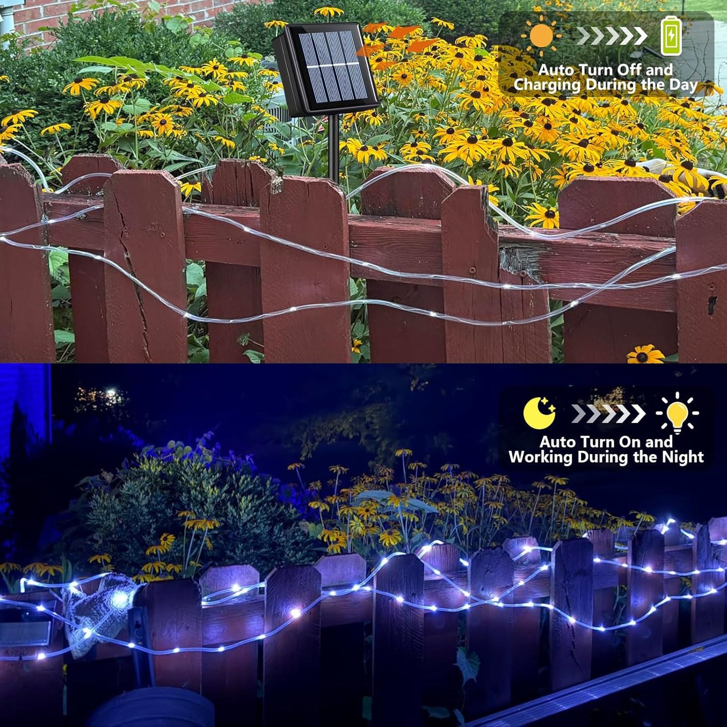 YEGUO Solar Rope Lights - 66ft Waterproof 200 LED White Fairy Lights | 8 Modes in Clear Tube