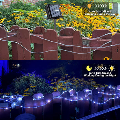 YEGUO Solar Rope Lights - 66ft Waterproof 200 LED White Fairy Lights | 8 Modes in Clear Tube
