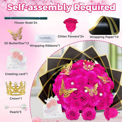 Dark Pink Glitter Roses Bouquet 36 Pcs – DIY Glitter Rose Kit with Stems & Ribbon