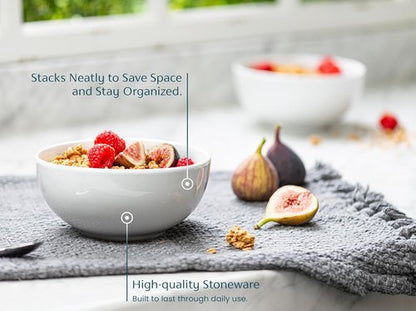 KooK Ceramic Cereal Bowls - 24 oz Deep Interior Porcelain Dishes | Microwave & Dishwasher Safe, Set of 6, Marshmallow White