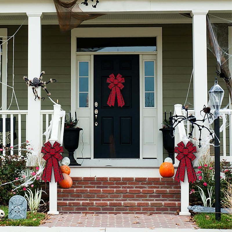 Red Halloween Wreath Bow with Velvet Finish - Large Decorative Thanksgiving & Door Decor
