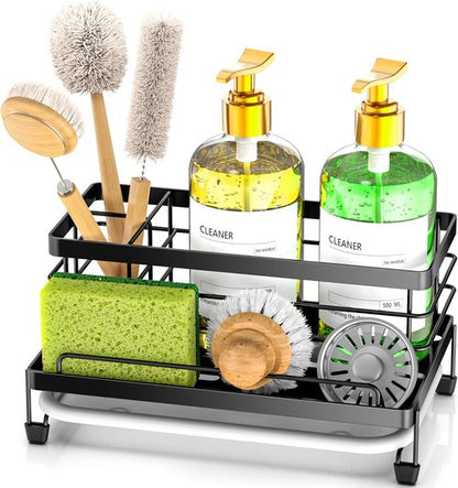 Cisily Large Black Kitchen Sponge Holder - Rustproof Sink Caddy with Drip Tray & Non-Slip Design