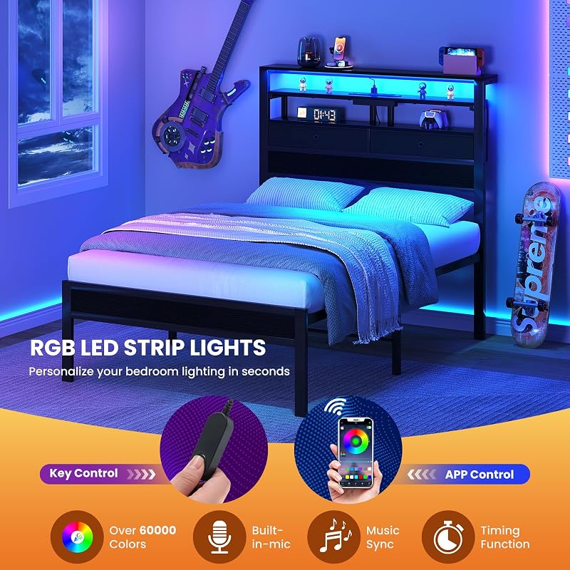 Queen Bed Frame with LED Lights, USB/AC/Type-C Charging Station, 3-Tier Headboard Storage & Under-Bed Drawers