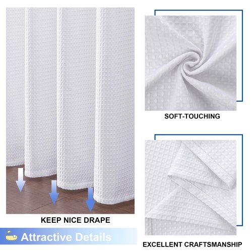 OVZME White Shower Curtain Set, Waffle Textured Heavy Duty Fabric Thick Shower Curtain for Bathroom, 230GSM Luxury Weighted Bath Curtain with 12 Plastic Hooks, 72x72, White