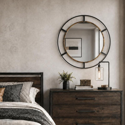 30-Inch Round Wall Mirror, Black & Antique Gold for Bathroom or Entryway - Variation: Black & Antique Gold+Round+30"L x 30"W