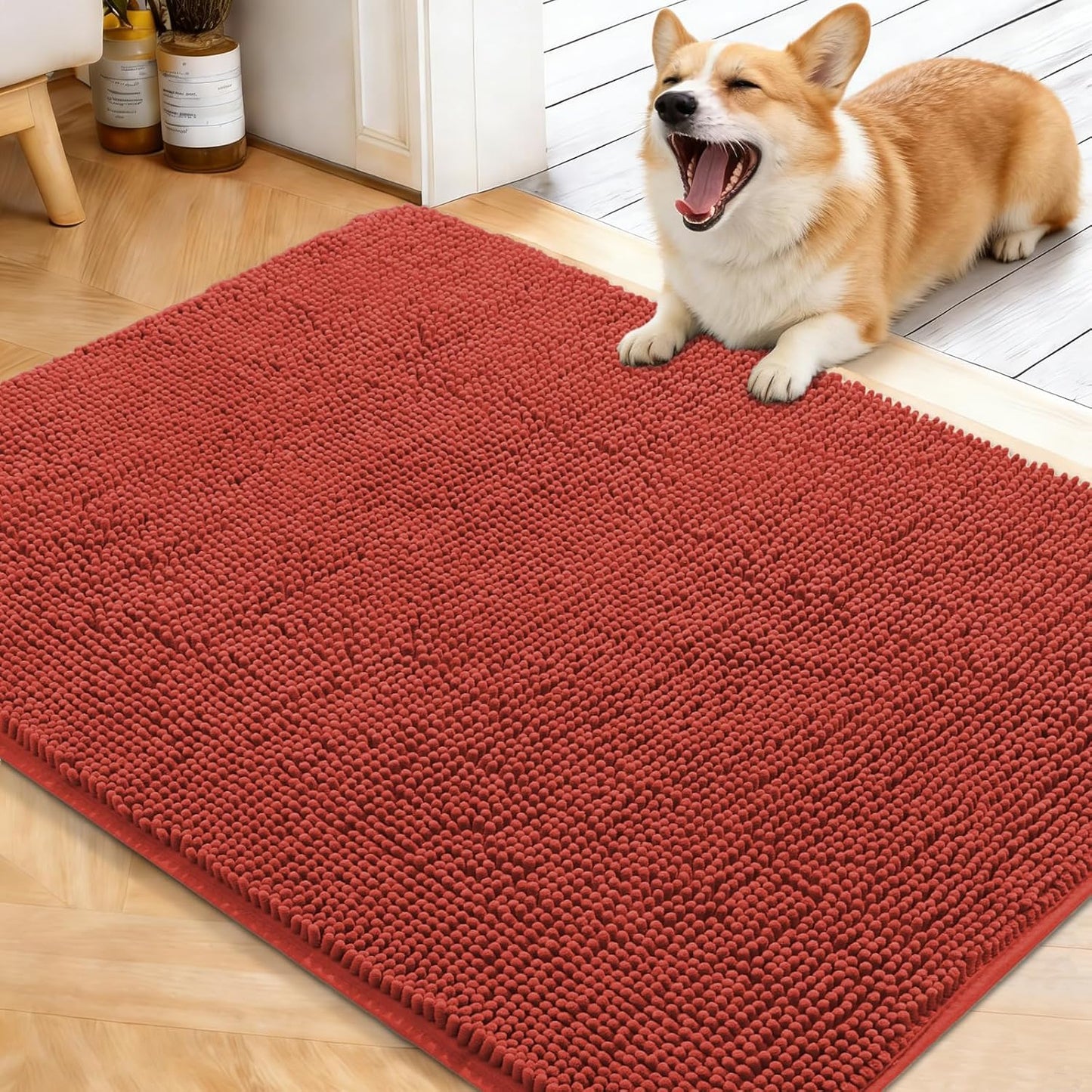 OLANLY Dog Door Mat - Absorbent Non-Slip Washable Mud Mat for Indoor Use | 40x32 Maple Red