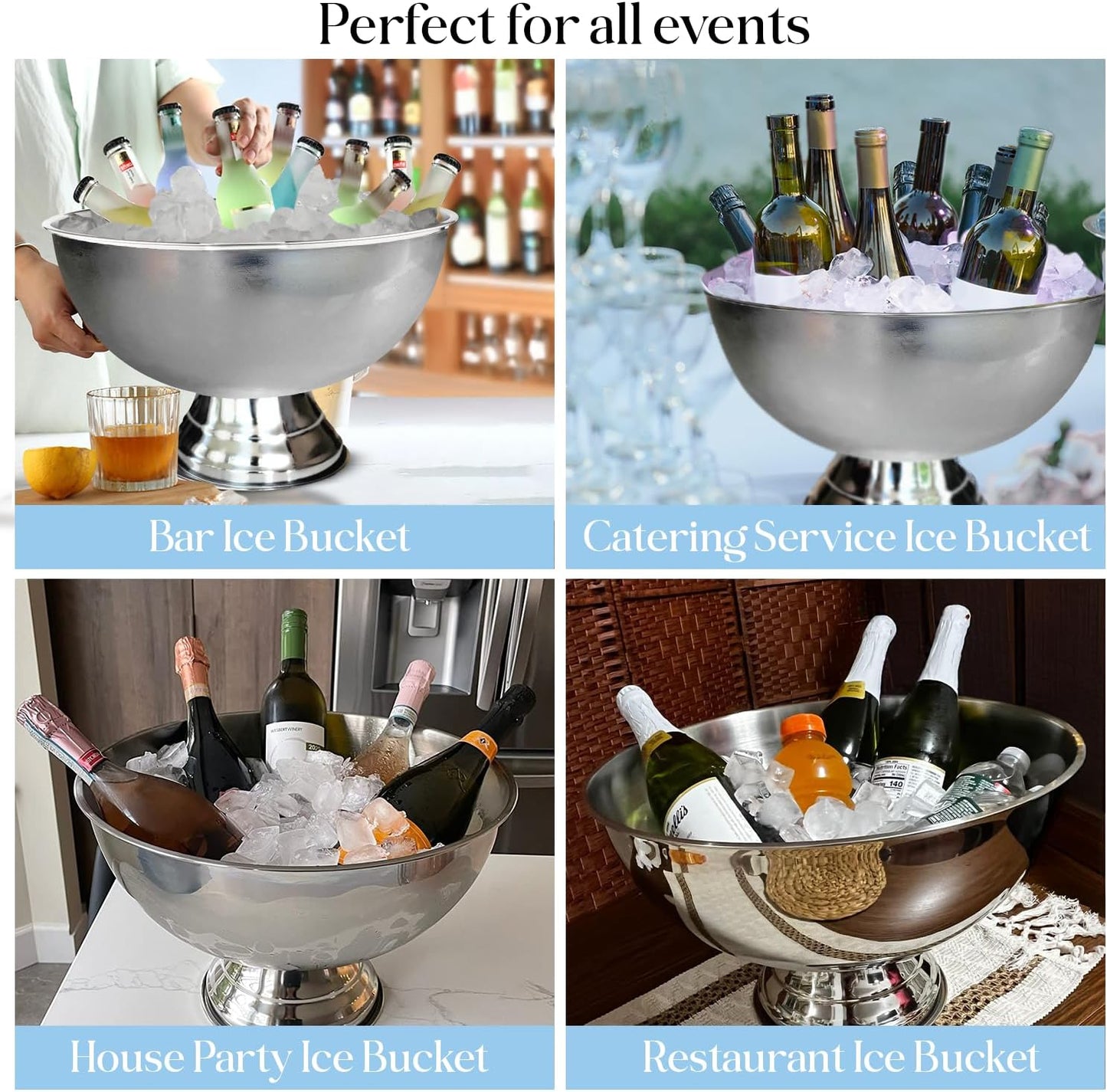 Premium 12L Large Ice Bucket for Parties – 16"x16"x10" Silver Stainless Steel Beverage Tub with Scoop – Insulated Ice Bucket for Cocktail Bar, Beers & Champagnes – 1.77kg Drink Bucket for Celebrations
