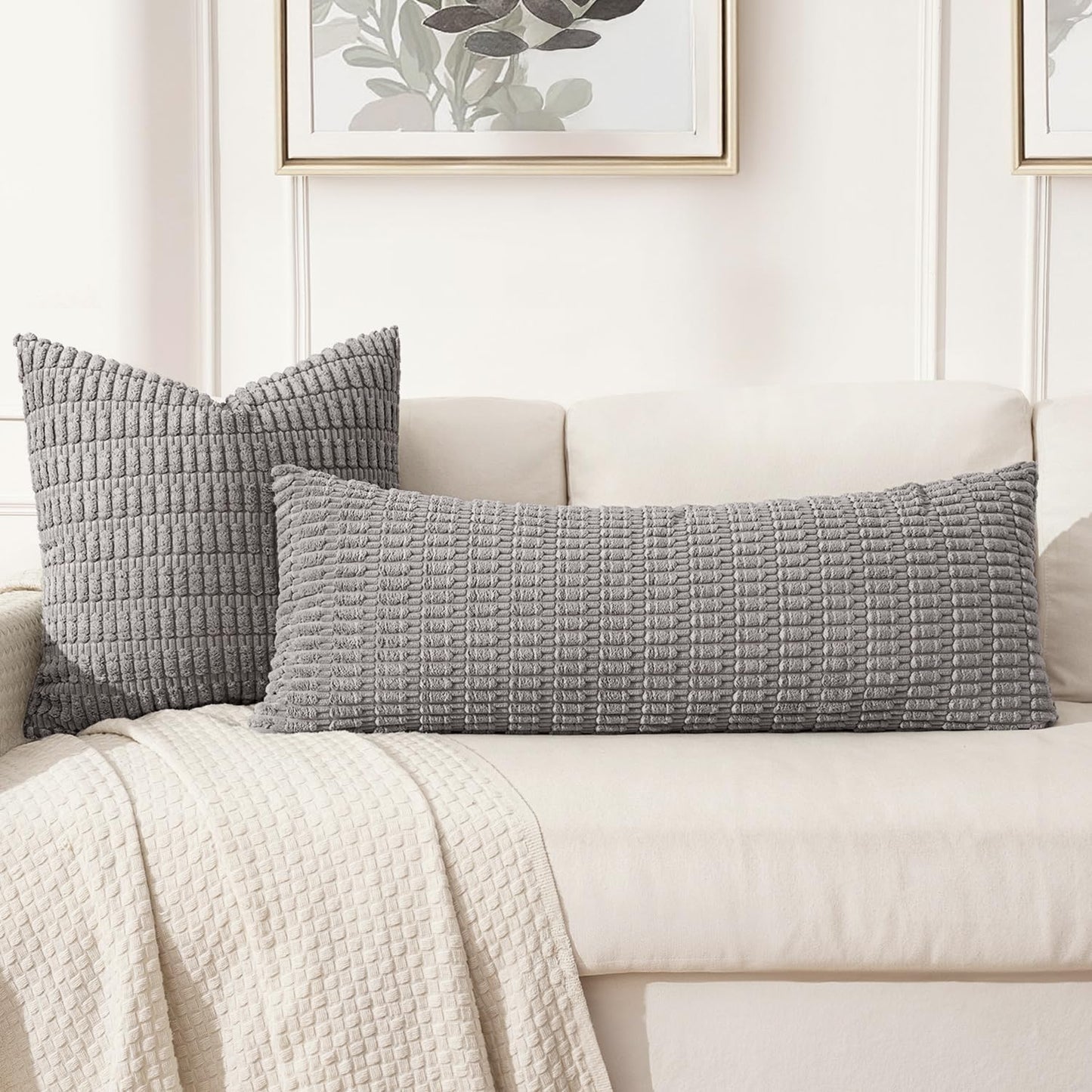 MIULEE Light Grey Long Body Lumbar Throw Pillow Cover - Soft Boho Decor for Couch & Sofa | 14x36 Inch
