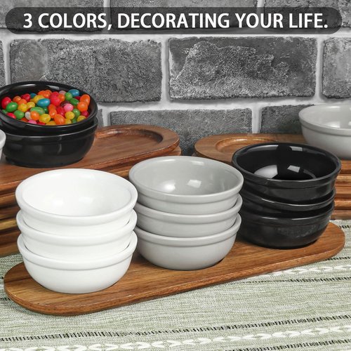 Artena Ceramic Chip and Dip Serving Set - 12 oz with Acacia Tray & 5-inch Grey Bowls for Appetizers