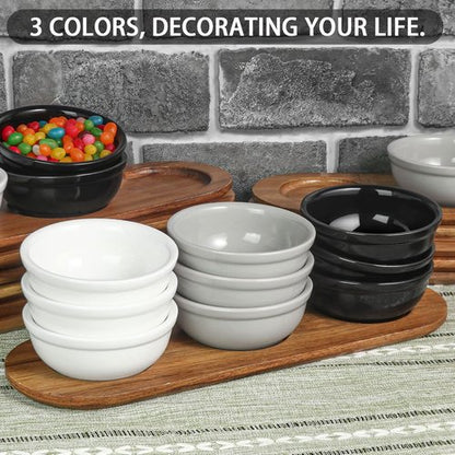 Artena Ceramic Chip and Dip Serving Set - 12 oz with Acacia Tray & 5-inch Grey Bowls for Appetizers