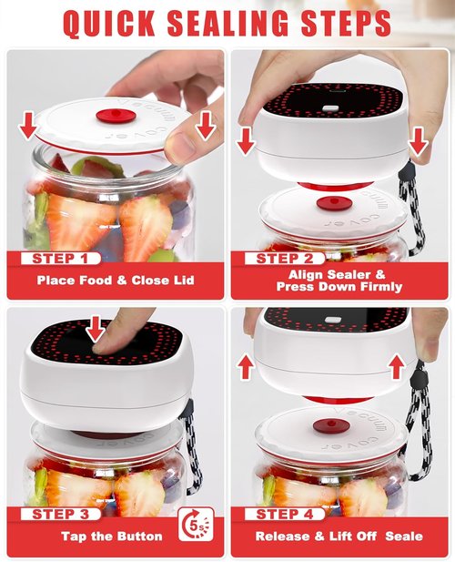 Electric Mason Jar Vacuum Sealer Kit - Auto-Stop Digital Display & 60kPa Suction | Preserves Freshness 12X Longer, Includes 6 Lids & Bag Adapters