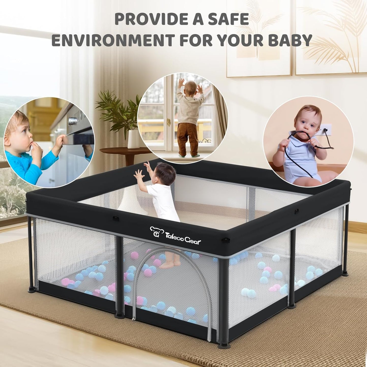 Taleco Gear Foldable Baby Play Pen - Breathable Travel Playpen with Mat & 50 Ocean Balls | 50''x50'' Size