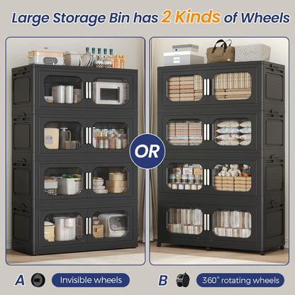 Skiennix 150 Gallon Extra Large Stackable Storage Bins - Collapsible with Lid & Wheels | 3-Pack Black