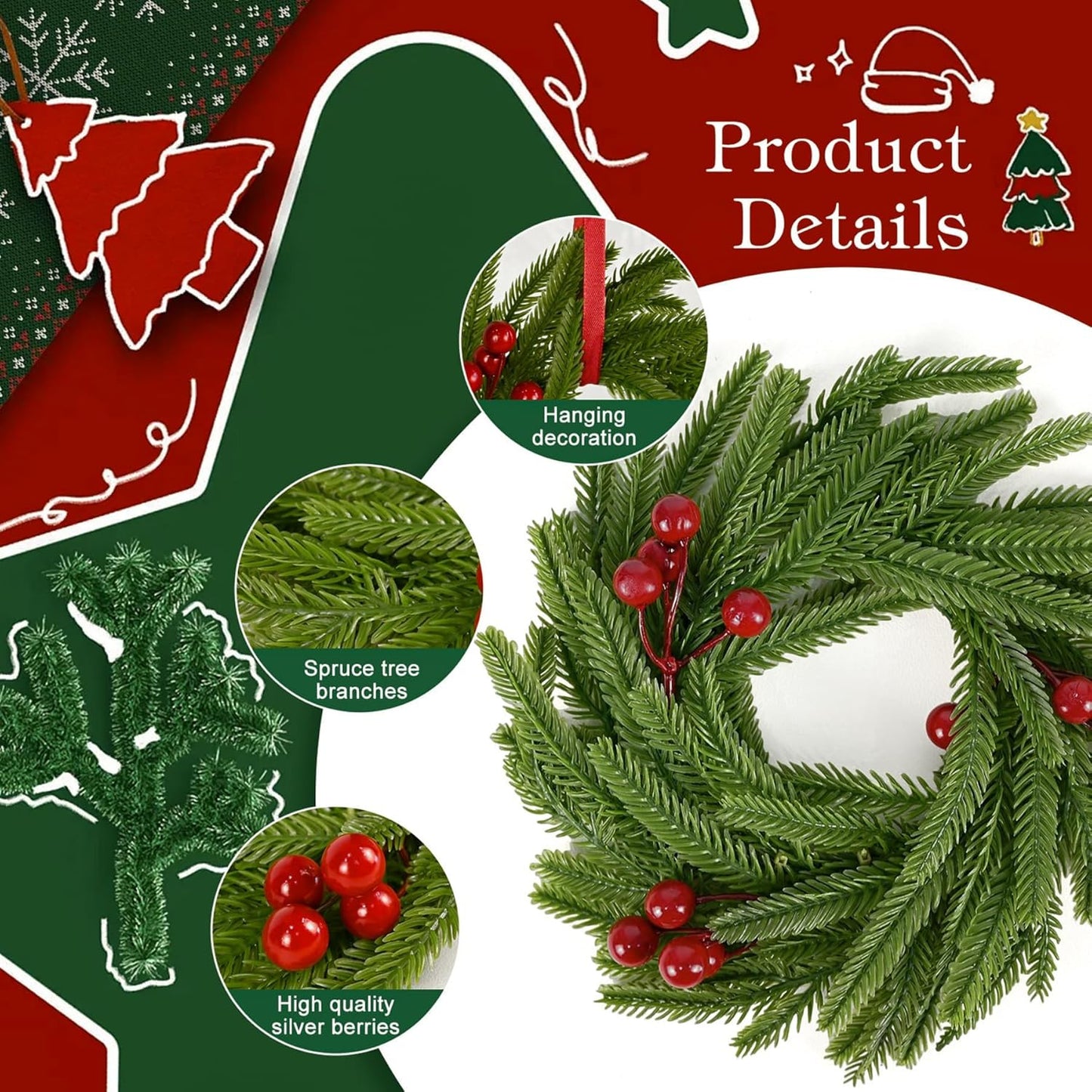 Norfolk Pine Christmas Candle Rings - 24 Pcs Artificial Wreaths with Red Berries for Holiday Decor