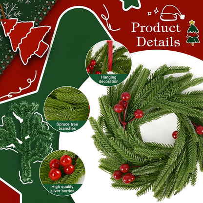 Norfolk Pine Christmas Candle Rings - 24 Pcs Artificial Wreaths with Red Berries for Holiday Decor