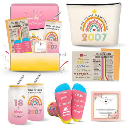 18th Birthday Gifts for Girls, Trendy 18 Year Old Girl Gift Ideas for Her Daughter Niece Adults Women, Happy 2007 Birthdays Decorations Female Presents Basket Glass Cup Sock Makeup Bag Necklace