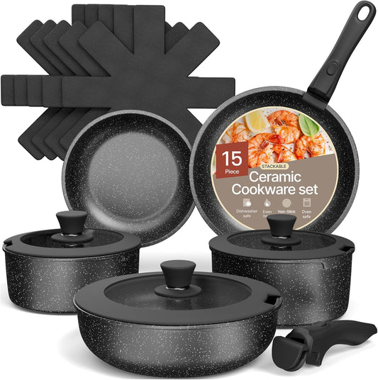 Skiennix Non-Stick Ceramic-Granite Pots & Pans Set - 15-Piece Space-Saving Cookware, Dishwasher & Oven Safe, Black Granite