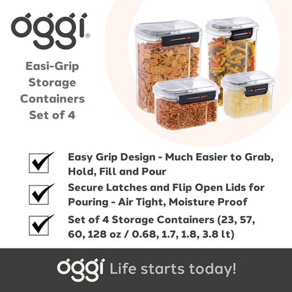 Oggi Easi Grip Moisture Proof Storage Containers, Set of 4, Ultra Clear BPA-Free Sealable Canisters, Pouring Lids, Date Reminder, Ideal Pantry Storage (23, 57, 60, 128 oz / 0.68, 1.7, 1.8, 3.8 lt)