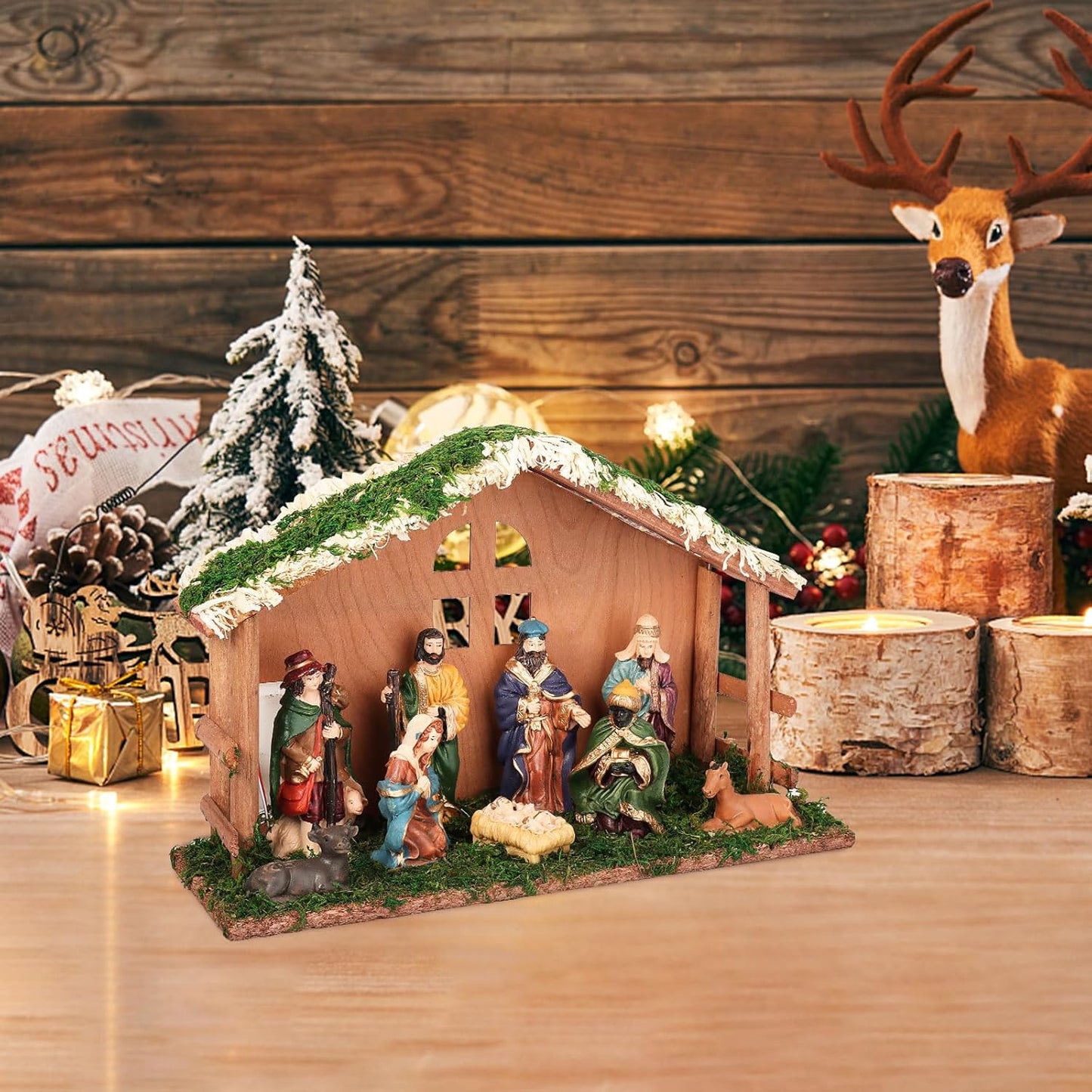 Regine Switzerland Lighted Christmas Nativity Set - Indoor Wooden Stable & Figures for Festive Tabletop Decor