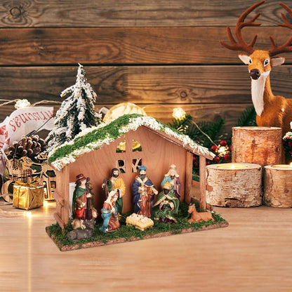 Regine Switzerland Lighted Christmas Nativity Set - Indoor Wooden Stable & Figures for Festive Tabletop Decor