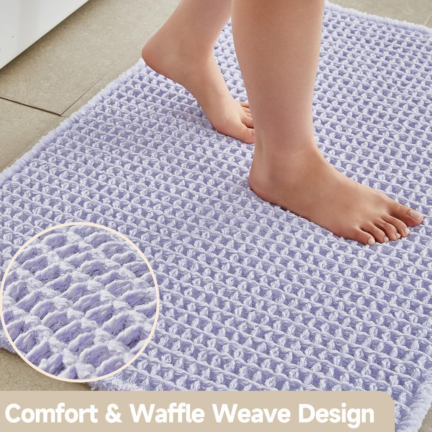 TYUU Waffle Bath Mat, Boho Bathroom Rugs Non Slip Washable Super Absorbent Quick Dry Cute Bath Mat Farmhouse Bathroom Decor, 36''x24'' Lavender Cream