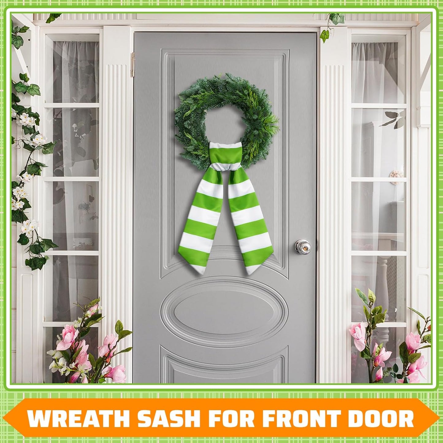 Regine Switzerland Wreath Sash - Satin Blank Sash for Embroidery | Green & White Striped Home Decor