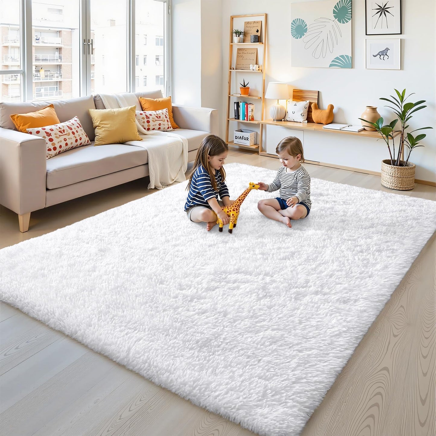 OLANLY Area Rugs for Living Room Bedroom, Machine Washable 4x5.9 ft Soft Fluffy Shaggy Bedside Rug, Indoor Floor Carpet for Kids Girls and Boys, Dorms, Nursery Rooms, Home Decor Aesthetic, White