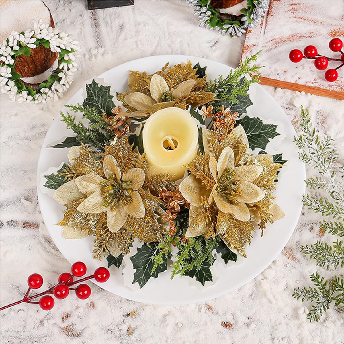 Regine Switzerland Christmas Candle Wreath - Gold Glitter Poinsettia Flower Garland | Holiday Decor