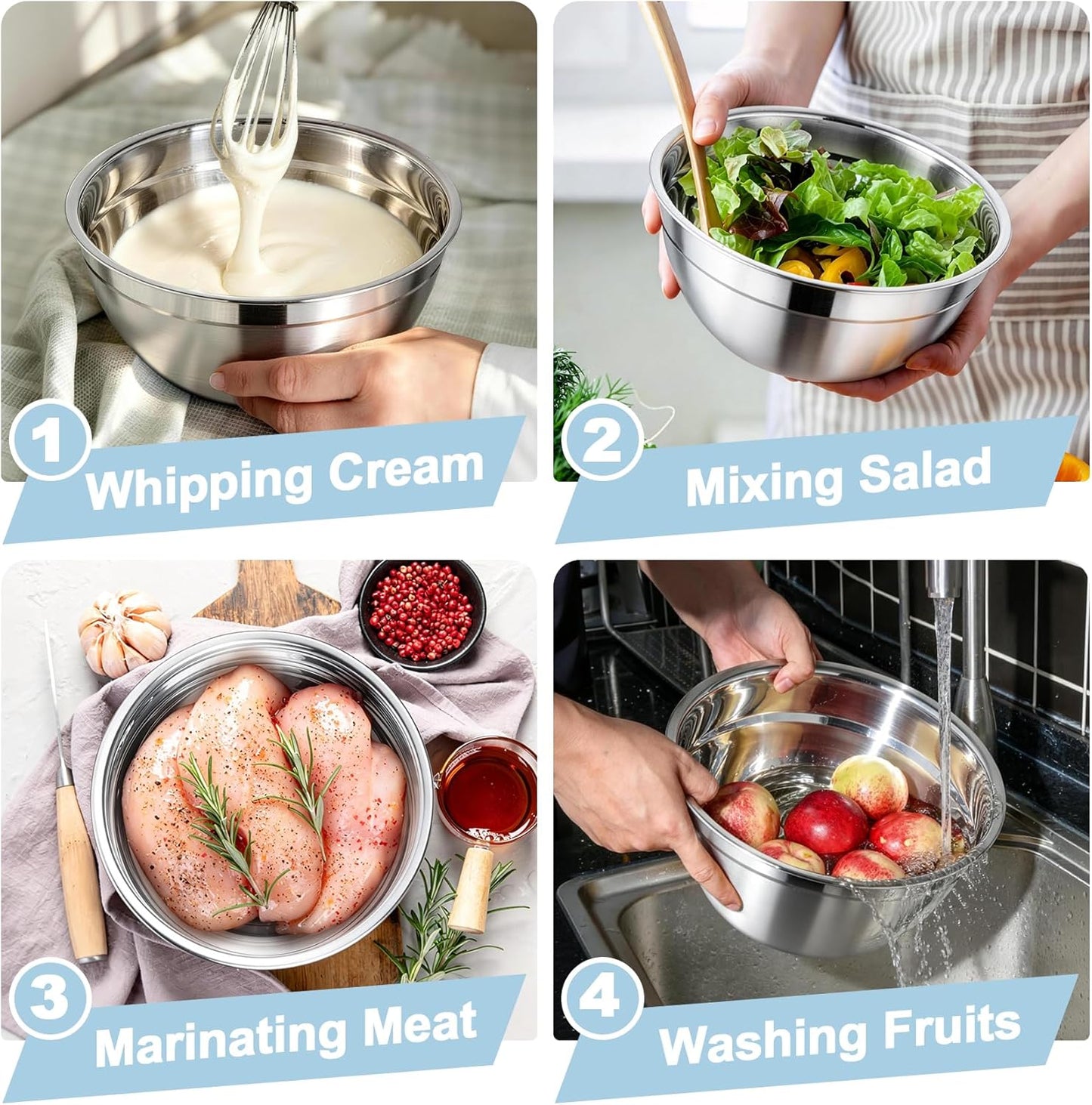 TeamFar Stainless Steel Mixing Bowls Set - Airtight Lids for Serving, Mixing & Storing | 4.6 QT, 3 QT, 1.5 QT, Black
