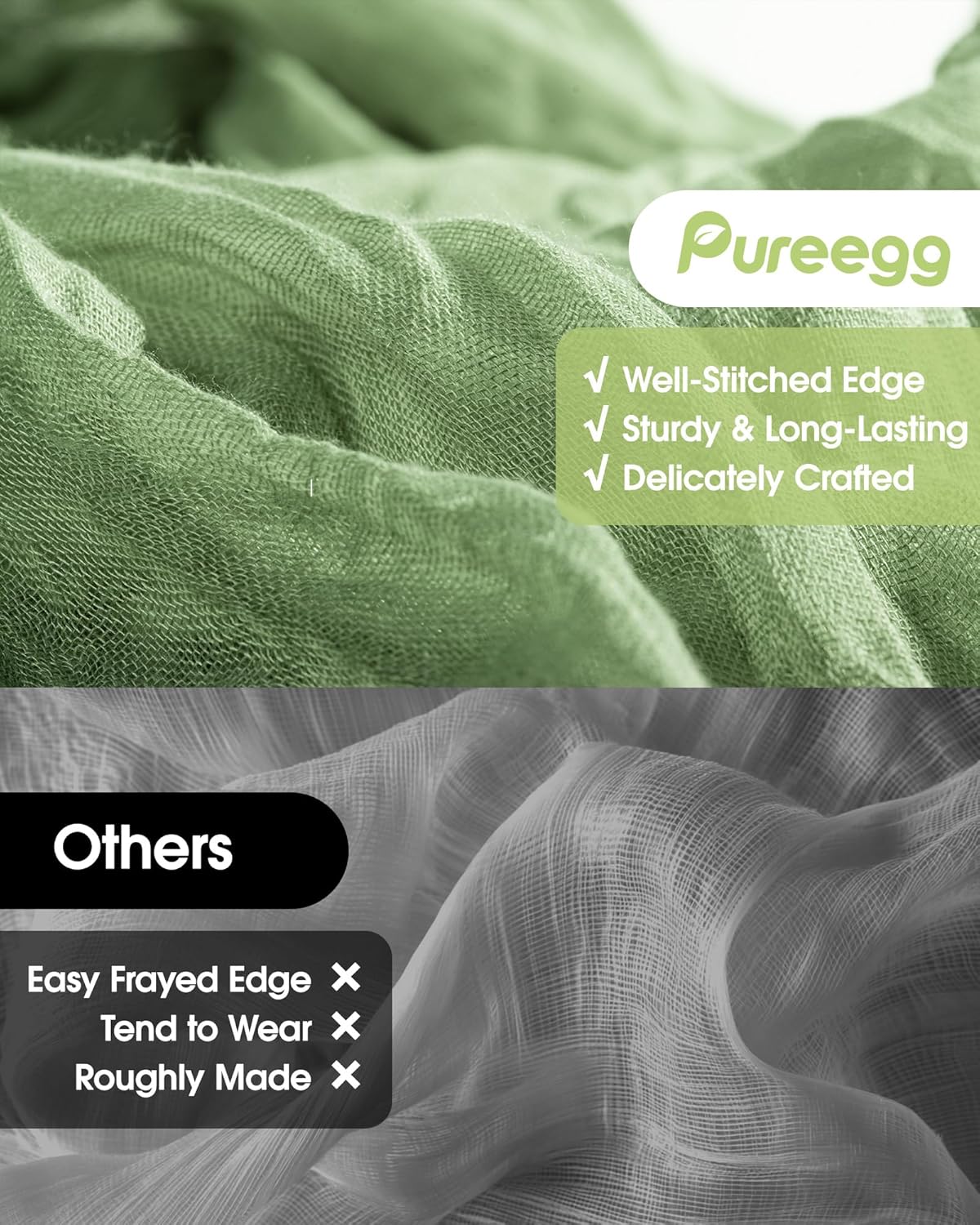 Pureegg Table Cloth Set - 8 Waterproof Disposable Tablecloths (54"x108") & 2 Cheesecloth Runners (35"x120") | Elegant White & Sage for Parties, Picnics & Weddings