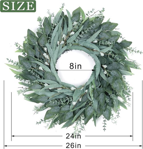 Eucalyptus Wreath - 26" Large Artificial Greenery for Front Door | All-Season Home Decor (Green)