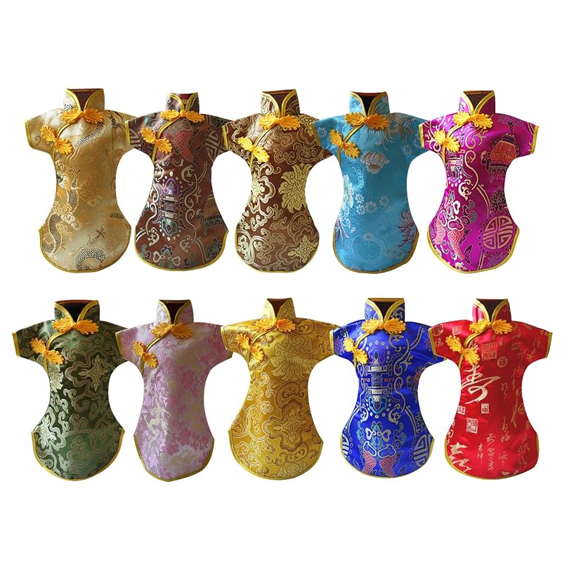 Colorful Cheongsam Wine Bottle Covers, 10pcs Chinese Embroidered Bottle Bags