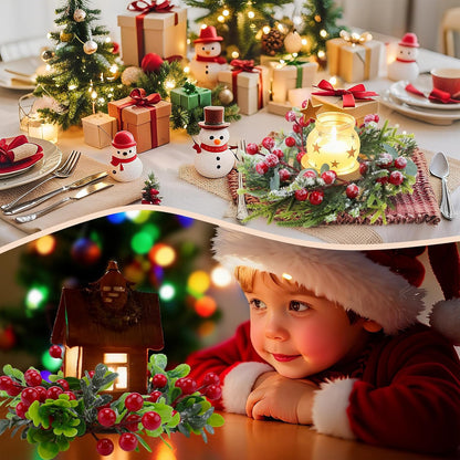 Regine Switzerland Christmas Candle Rings - Mini Wreaths with Red Berries | 2.76-Inch Snowy Pine Garland for Festive Table Centerpieces