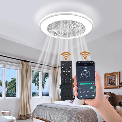 HYZlamp Smart Kids Ceiling Fans with Lights and Remote, Low Profile Ceiling Fan with Light, Flush Mount Bladeless Modern Ceiling Fans, Bedroom Fan bladeless Ceiling Fan (White)