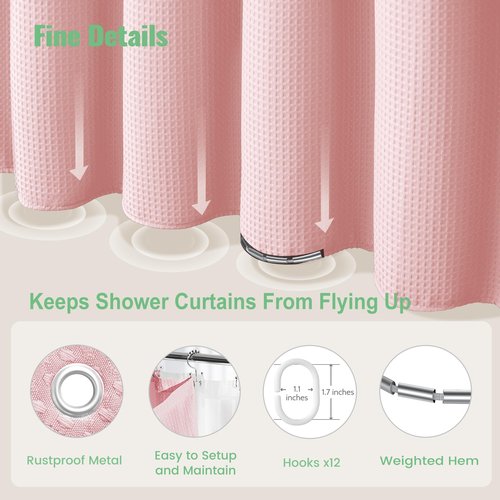 Dynamene Long Shower Curtain and Liner Set - 78 inch Tall Waffle Fabric, Waterproof Clear Liner, Heavy Duty Weighted Hotel Luxury Cloth Shower Curtains for Bathroom with 12 Hooks, 72x78, Pink
