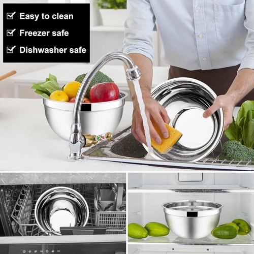 E-far Stainless Steel Mixing Bowls - 6-Piece Set with Airtight Lids & Stackable Design | 4.5, 3, 1.5 QT (Black)