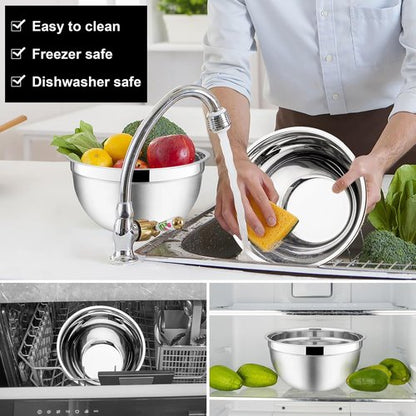 E-far Stainless Steel Mixing Bowls - 6-Piece Set with Airtight Lids & Stackable Design | 4.5, 3, 1.5 QT (Black)