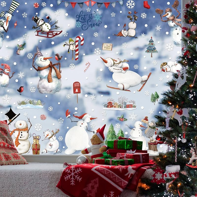 Christmas Window Clings Snowman & Snowflake Sheets – 9 PVC Static Decals 7.8 x 11.8 in