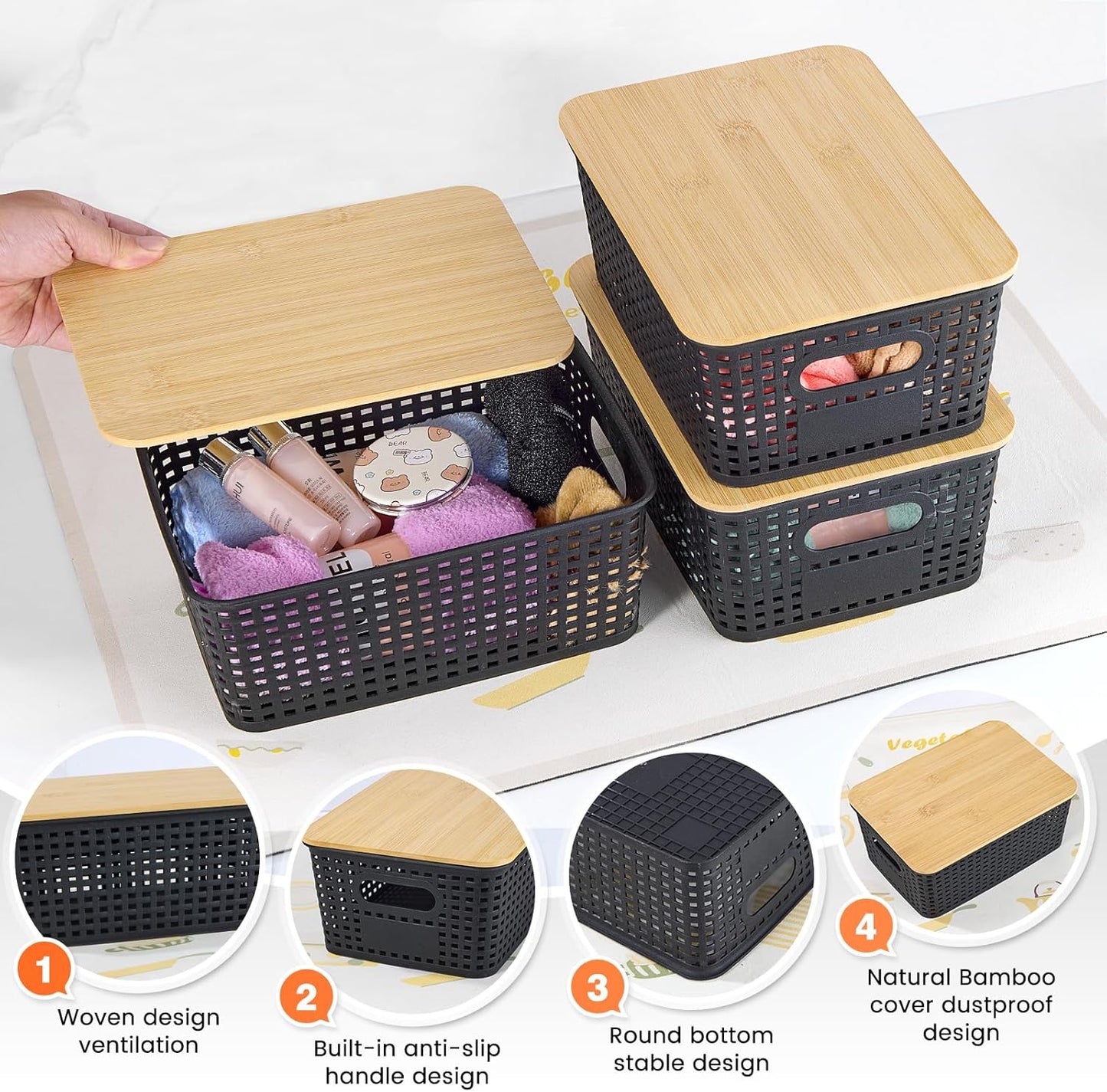 Ohmlove Plastic Storage Baskets - Stackable Containers with Bamboo Lid | 6-Pack for Organizing Home & Office