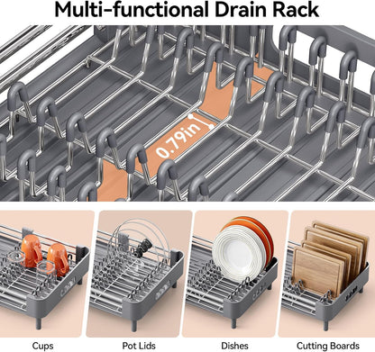 Skiennix Stainless Steel Dish Drying Rack - Space-Saving Kitchen Organizer with Extendable Drainboard & Foldable Design, Gray